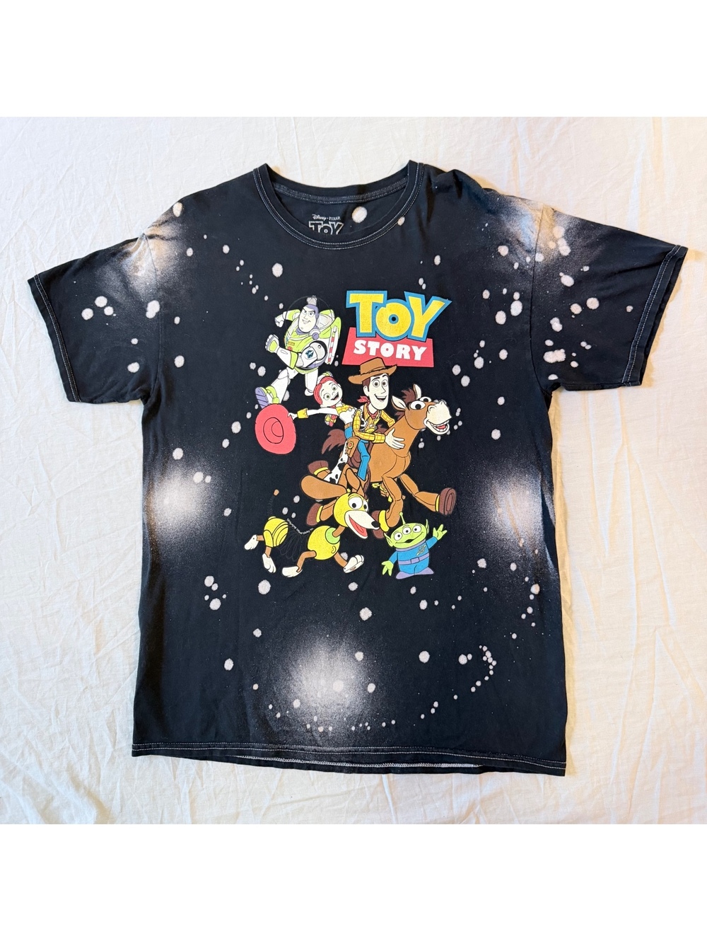 Disney Pixar Toy Story Black Graphic T-Shirt Large with Bleached Splatter Design